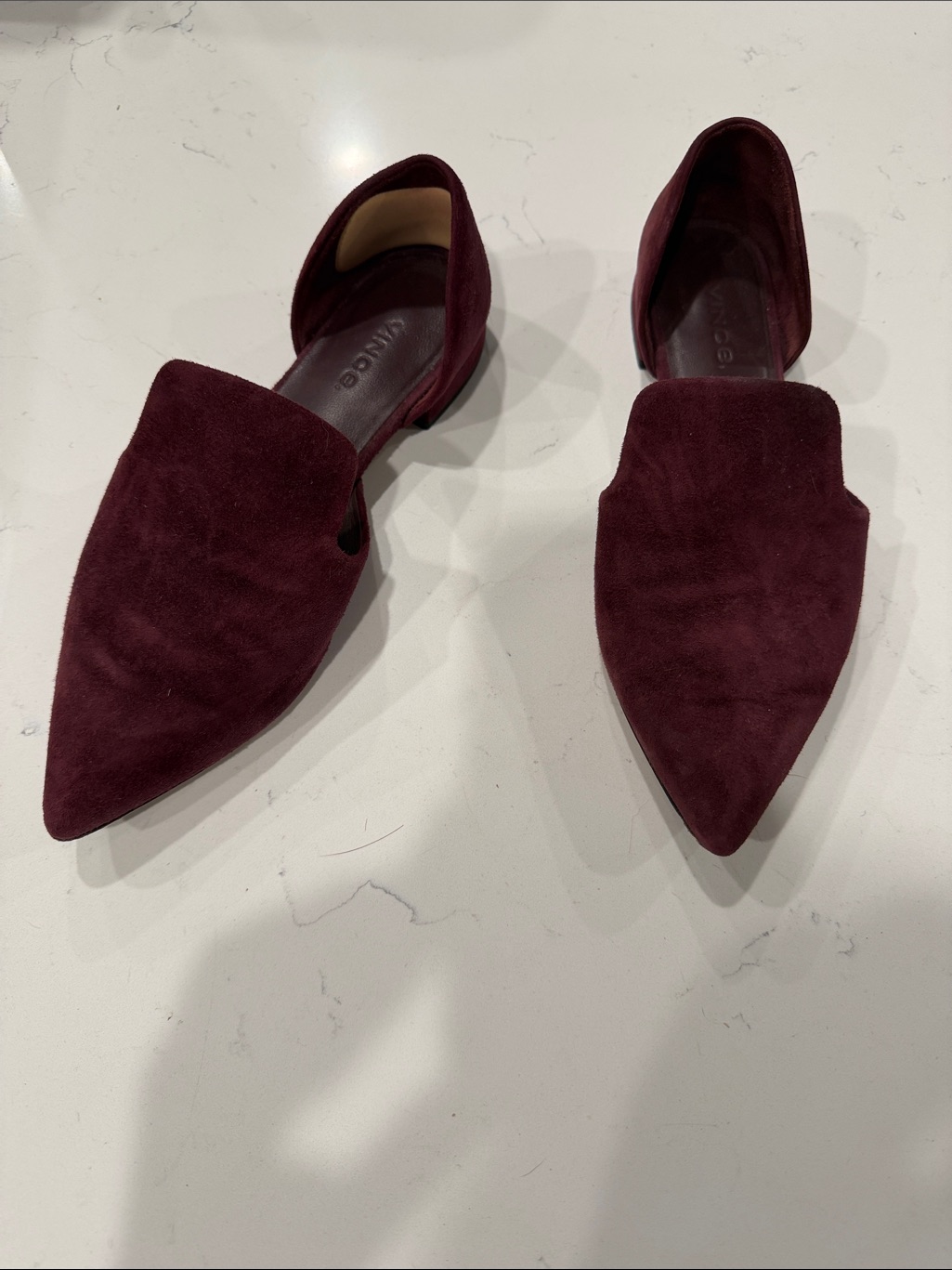 Vince Pointed D'orsay Flats In Burgundy Suede